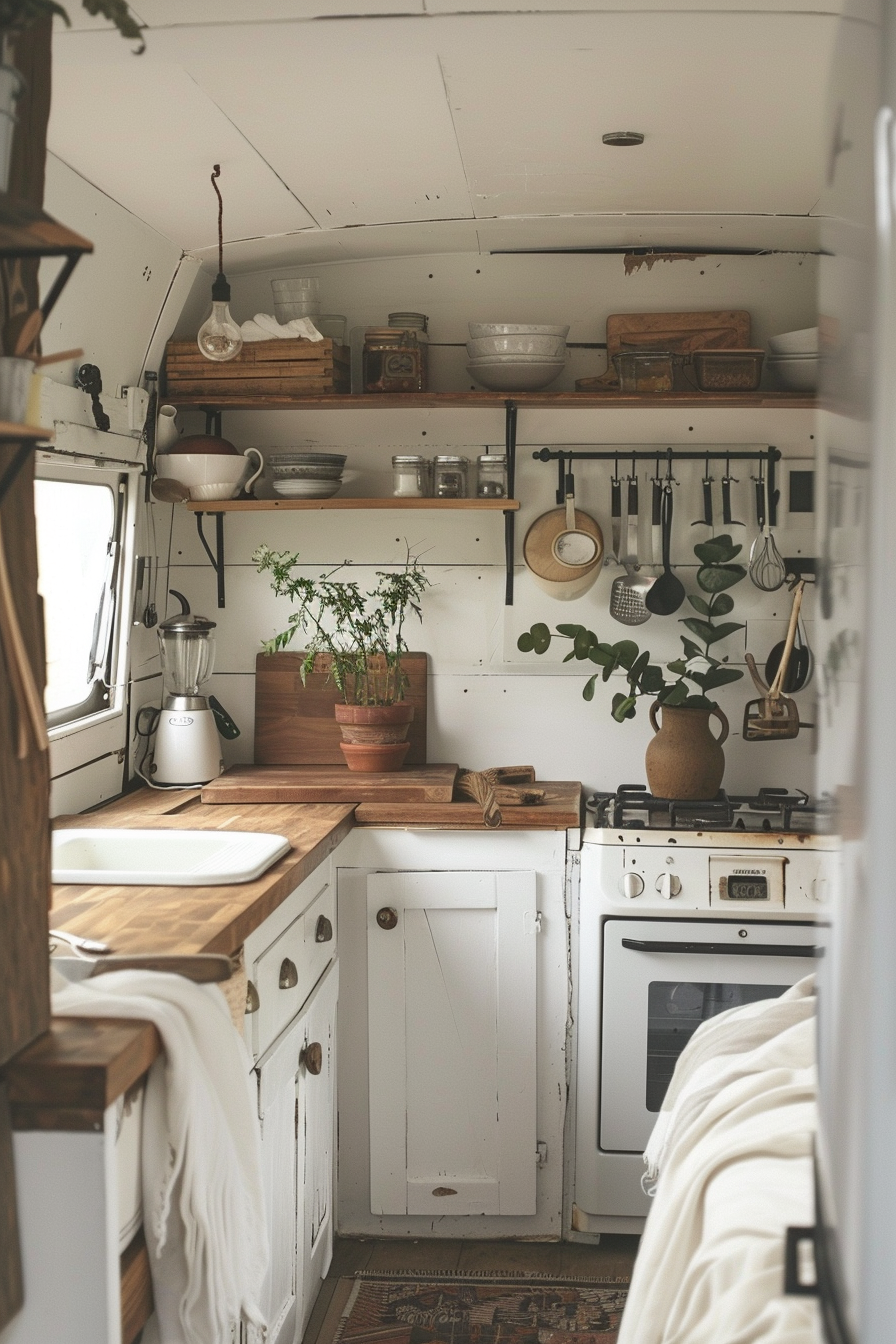 Camper van kitchen. Wooden countertops and white-painted vintage cupboards.