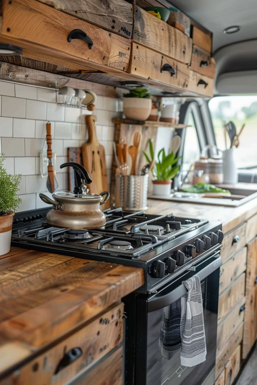 Rustic camper van kitchen. Wooden countertops with a cast iron stove.