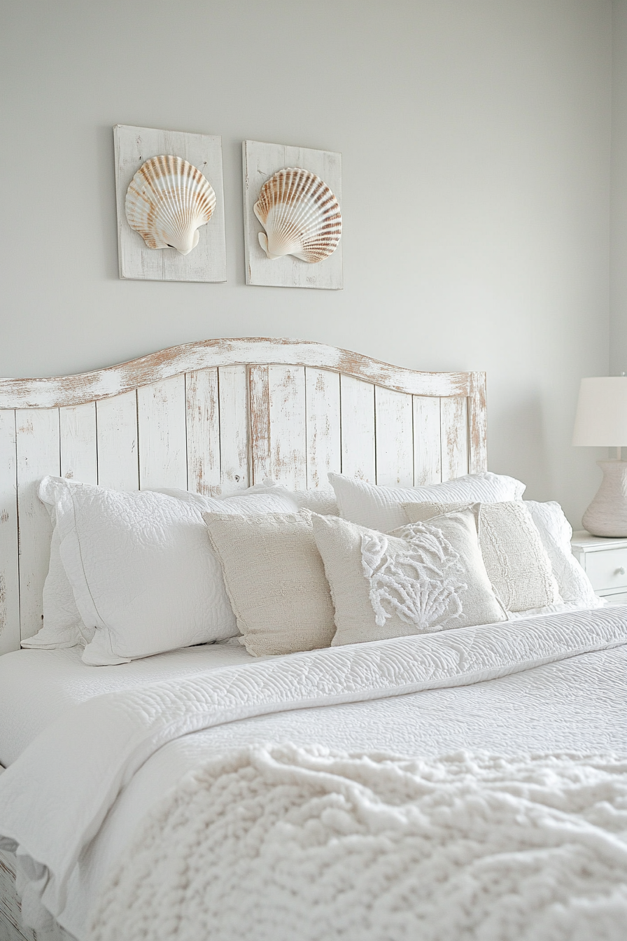 Coastal bedroom. Distressed white wooden headboard with seashell string art.