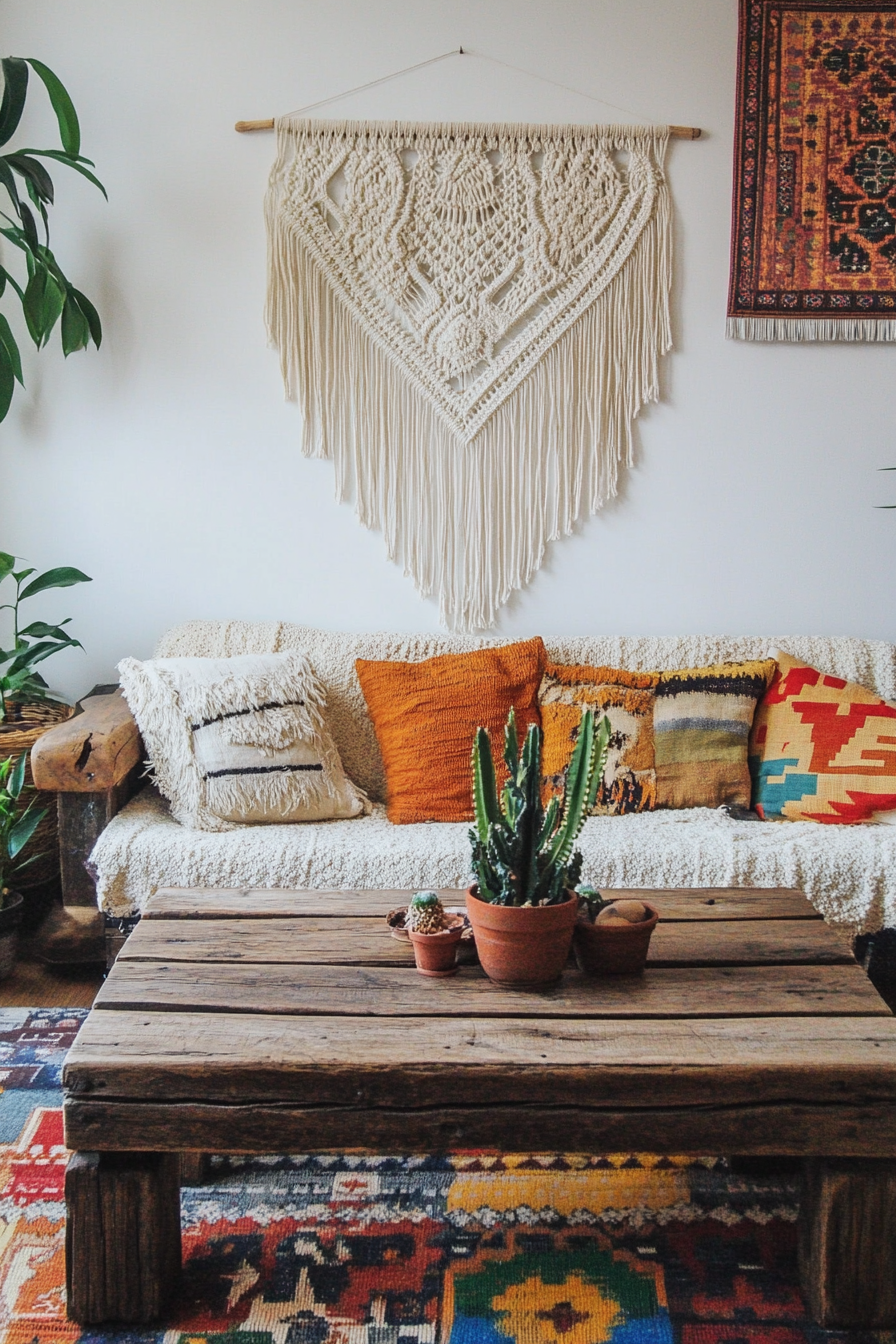 Living room. Macramé wall hanging, rustic wooden coffee table, colorful patchwork rug.