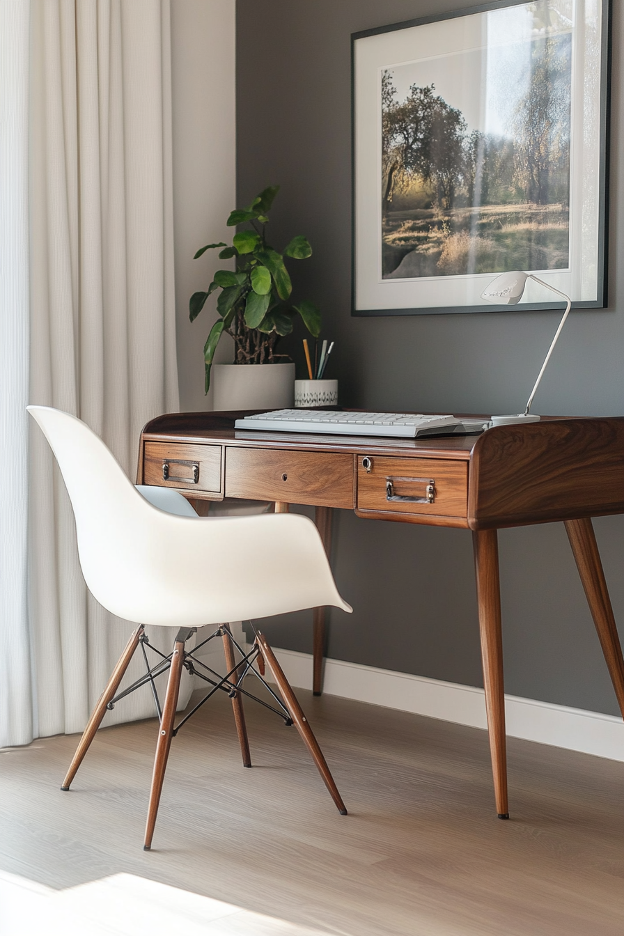 Mid-Century Modern Home Office. Walnut writing desk with white Eames-style chair.