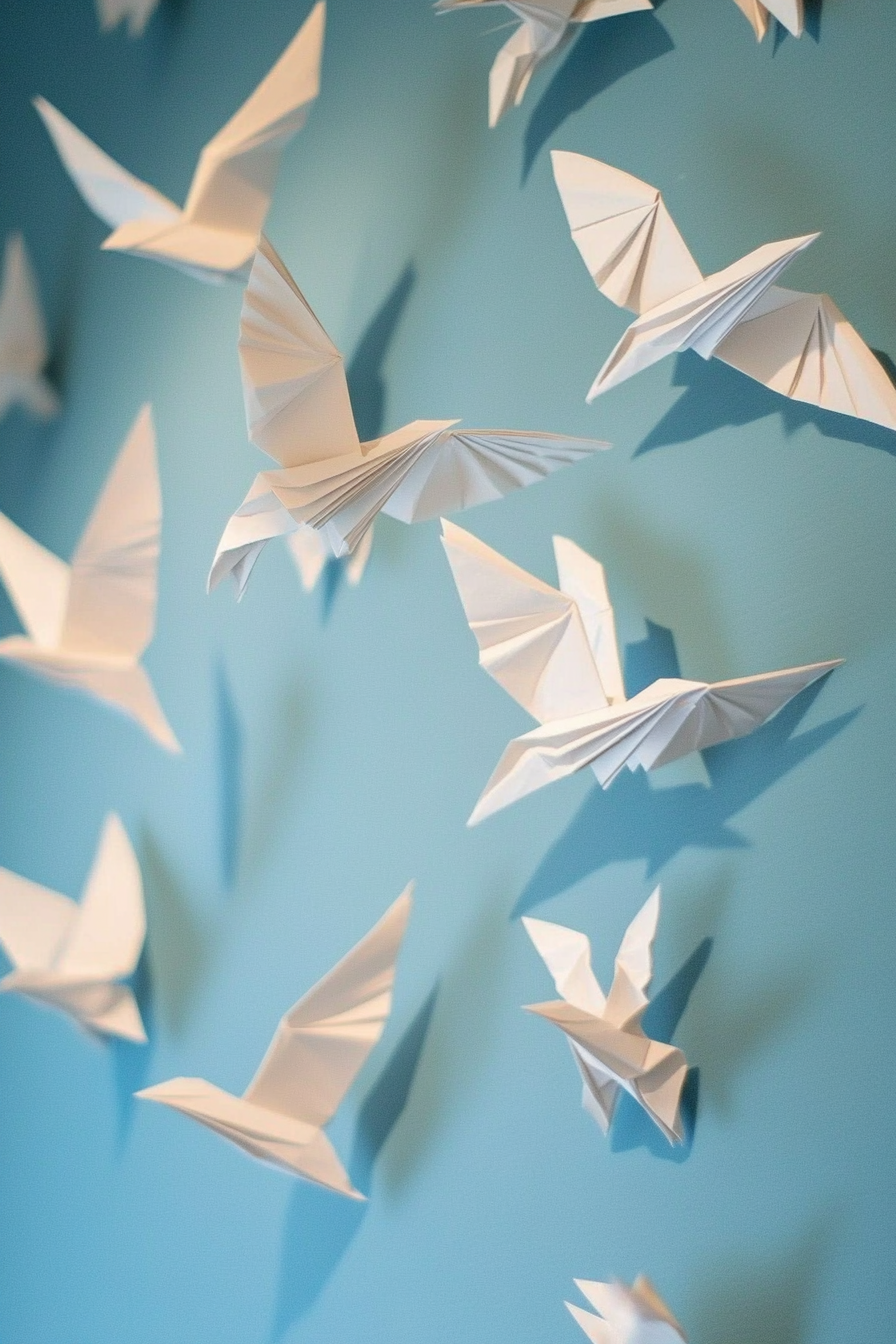 DIY wall decor. Origami bird installation on blue wall.