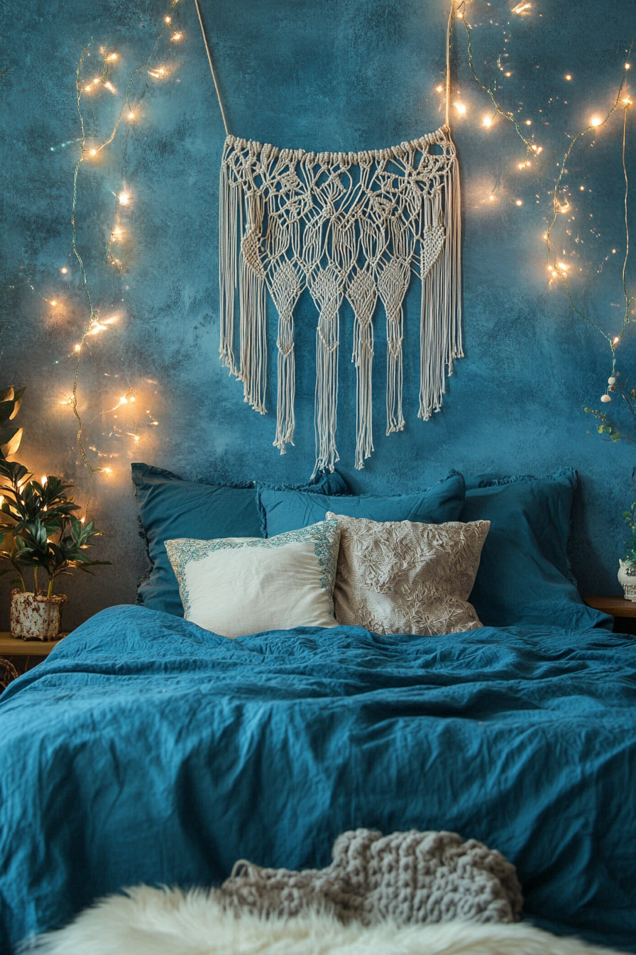 Whimsical boho bedroom. Macrame wall hanging, fairy lights, Aegean blue bedding.