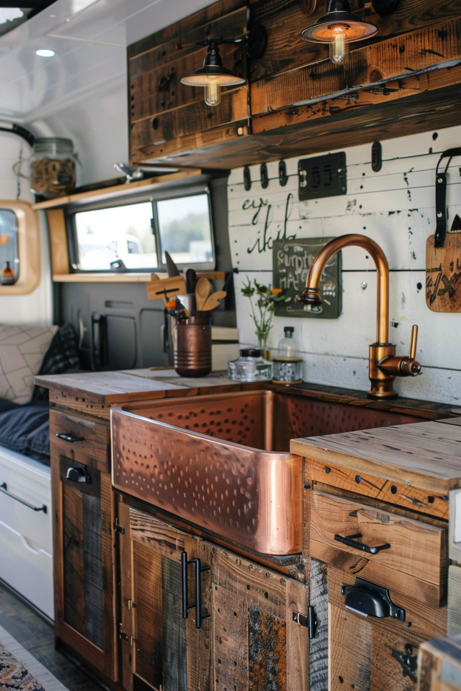 Camper van kitchen. Reclaimed wood cabinets with copper sink.