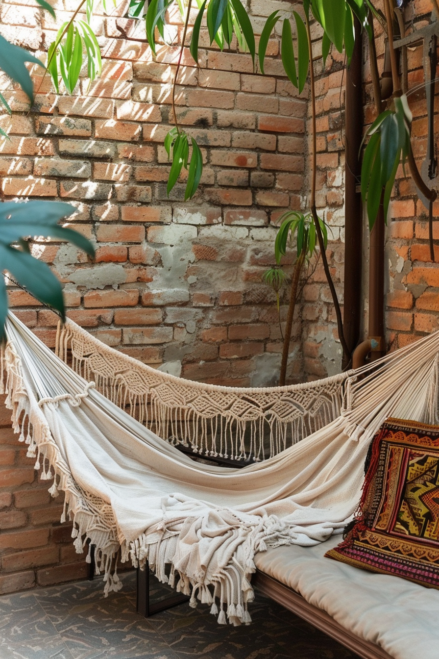 Chic Boho patio. Macrame hammock dangling between two rust-colored brick walls.