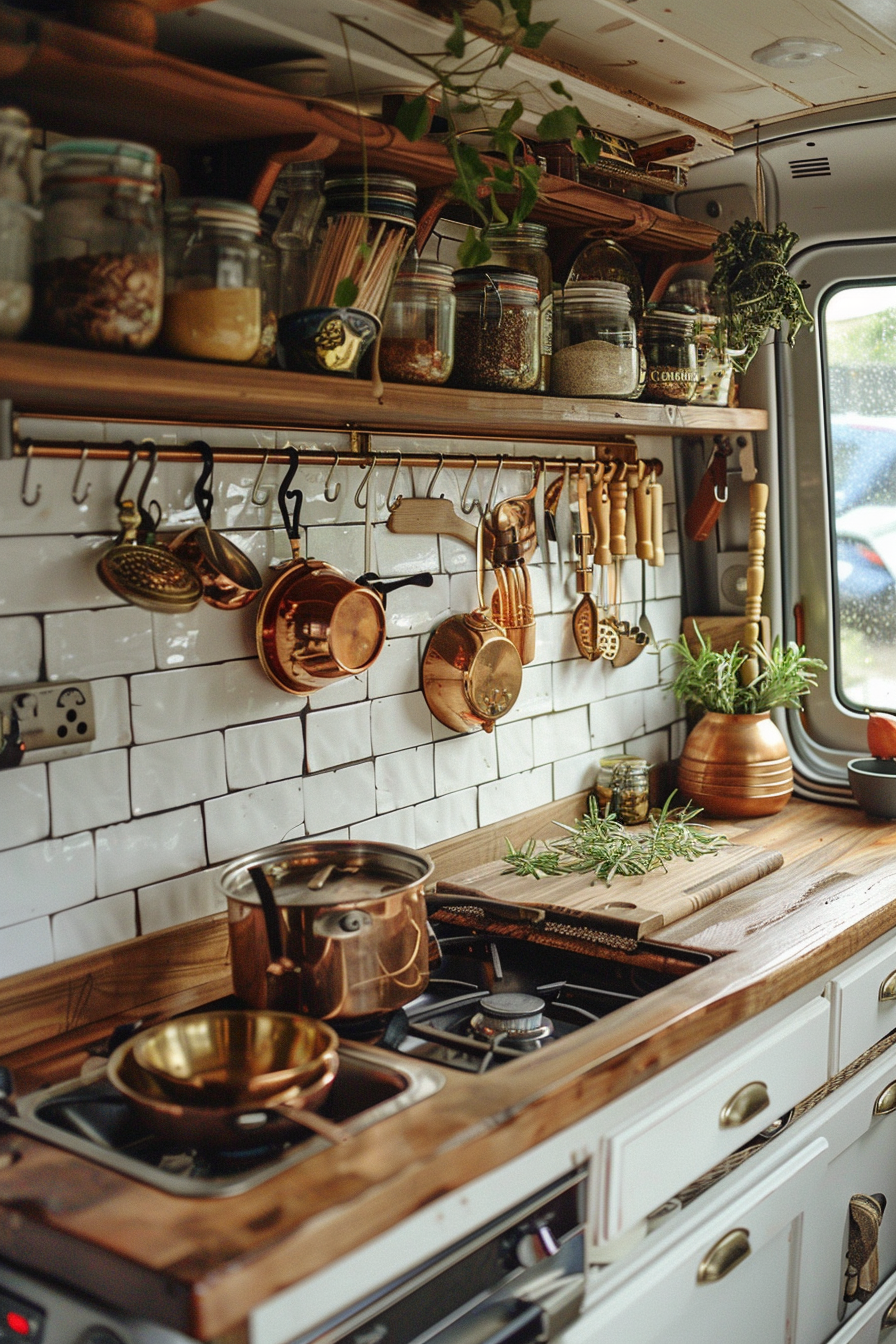 Camper van kitchen. Wooden countertop and copper cookware.