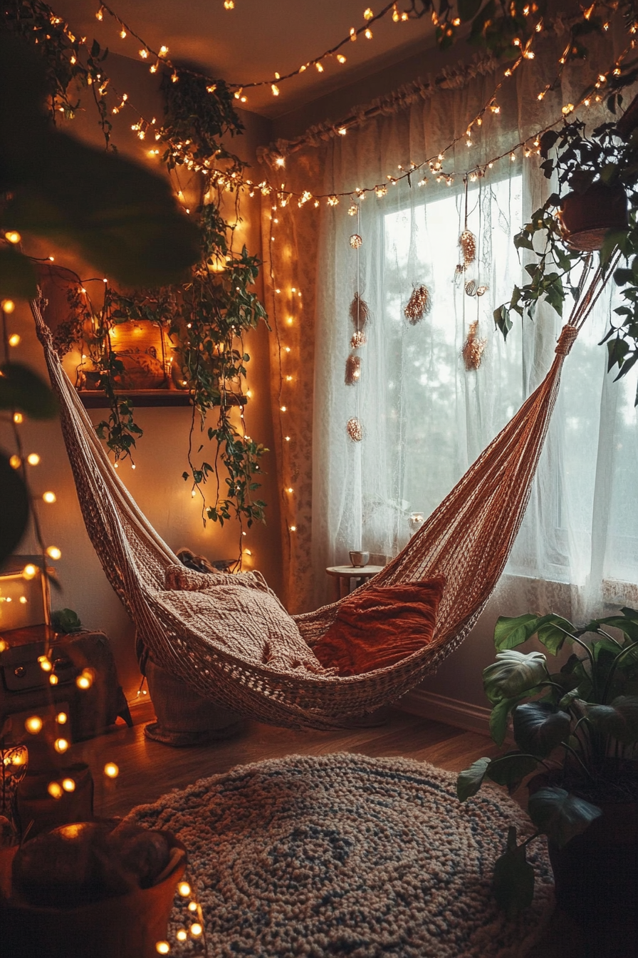 Boho whimsical bedroom. Hammock chair strewn with fairy lights.