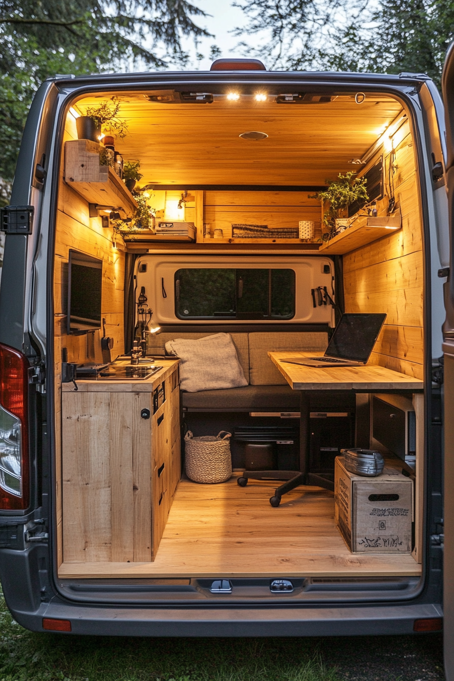 Camper van. Rustic exterior with solar setup and foldable wooden office desk inside.