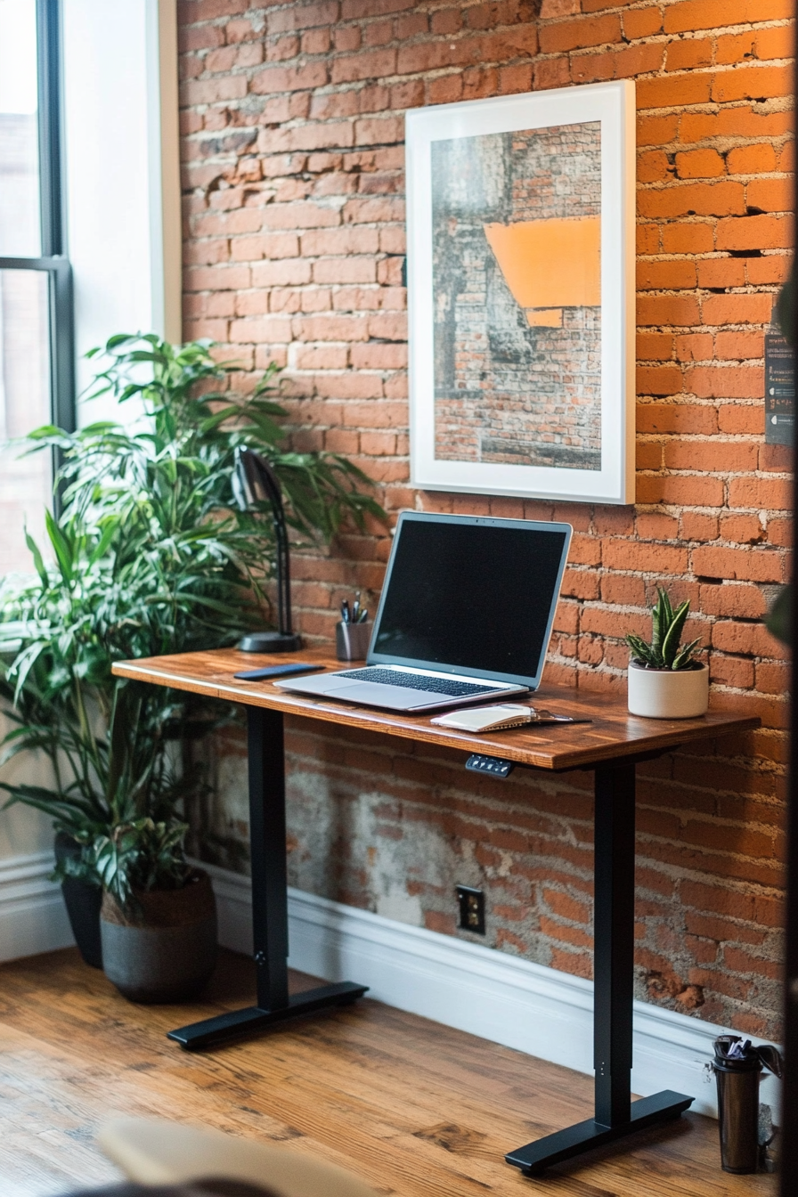 Home Office Inspiration. Compact standing desk against a brick wall.