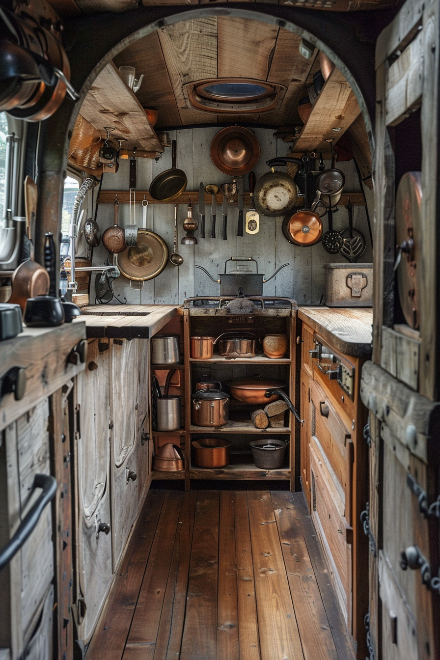 Camper van kitchen. Aged wood interior with antique copper pots and pans.