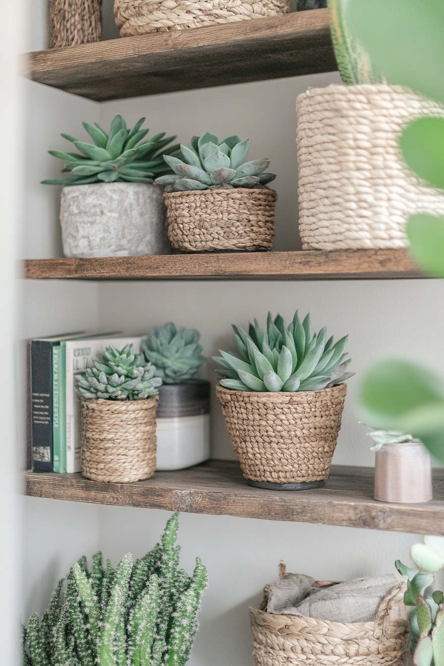 Living Room Inspiration. Shelves with succulents and handwoven wall hangings.