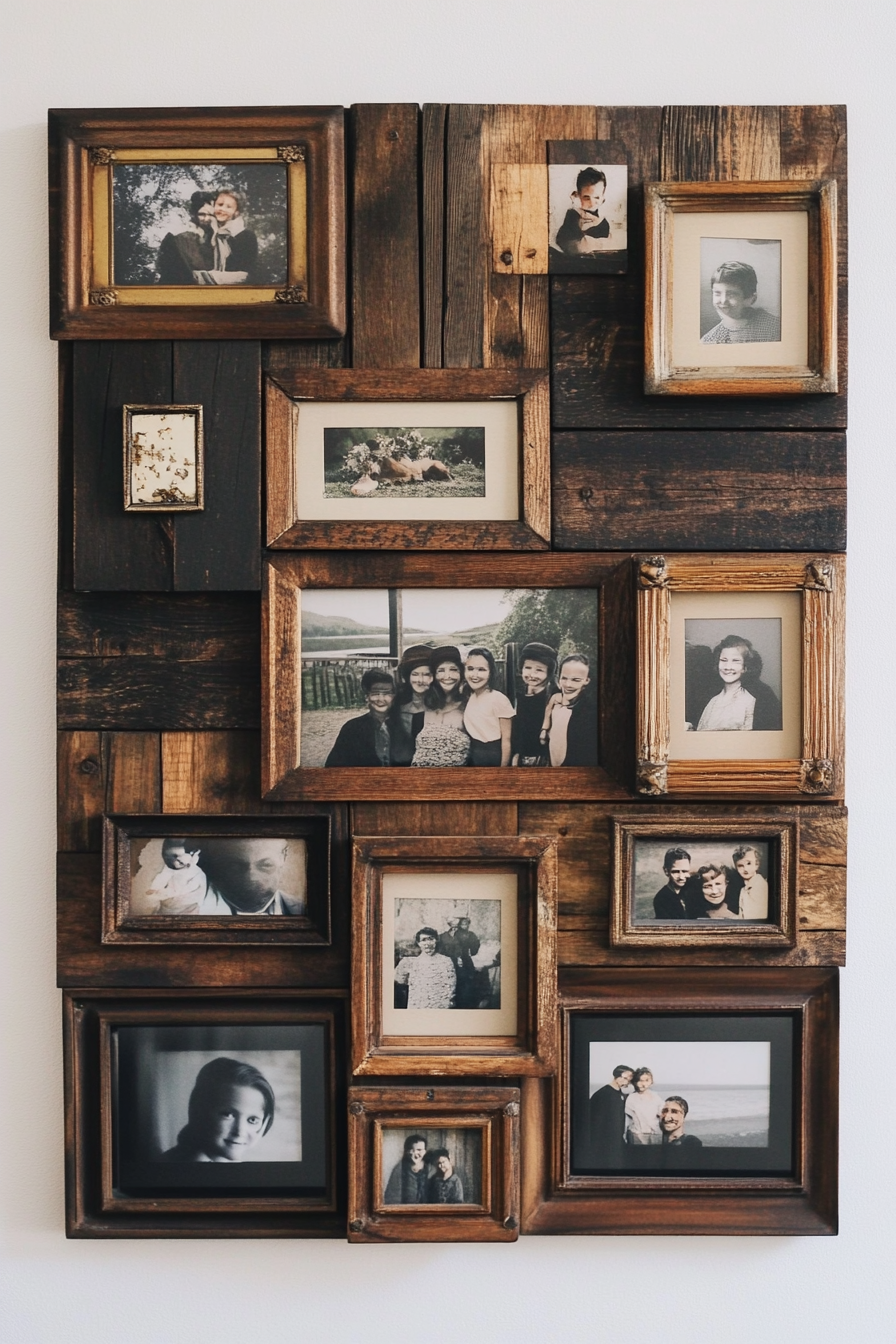 DIY Wall Decor. Vintage wooden photo frame collage with brass accents.