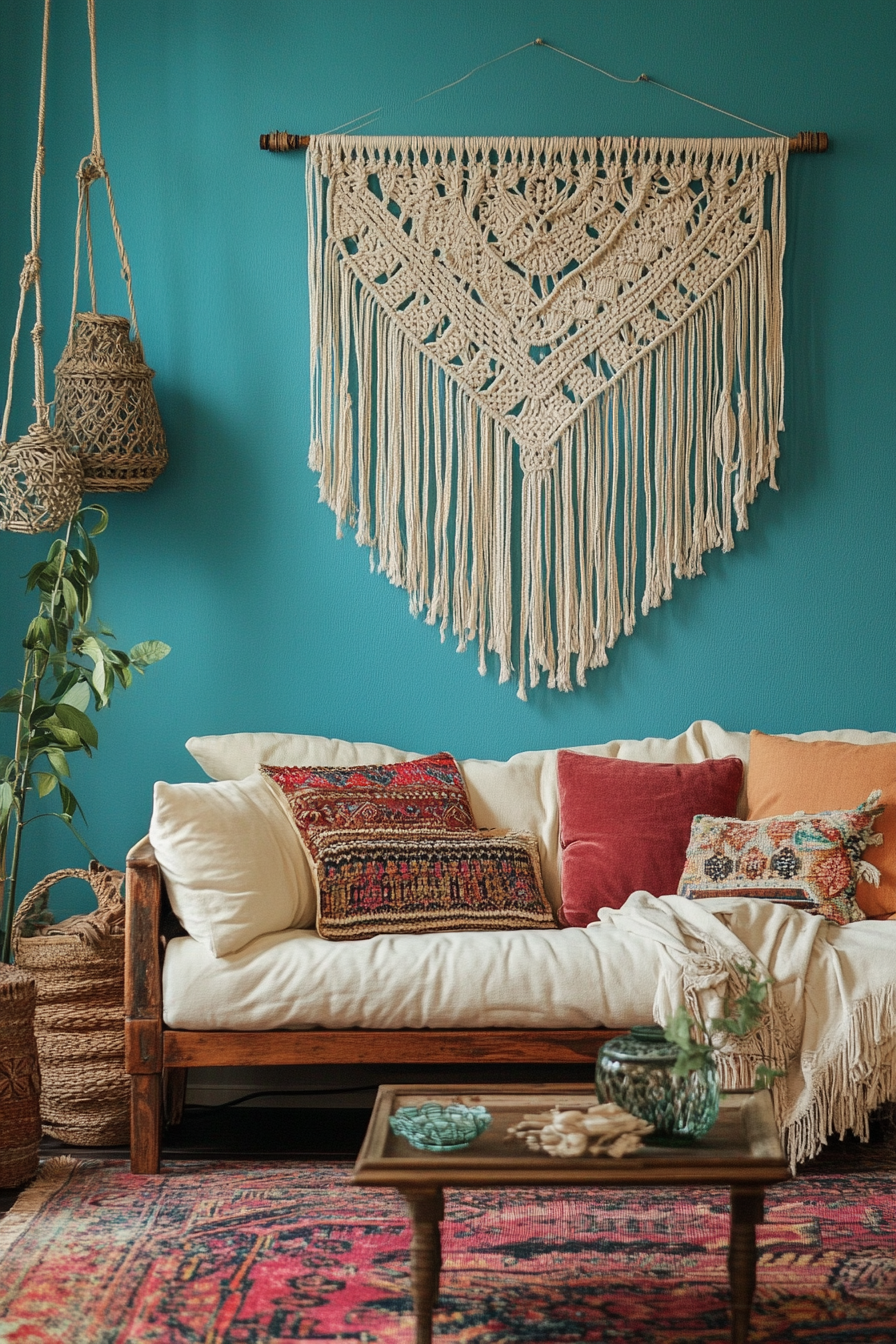 Boho living room. Macrame wall hanging on a turquoise wall.