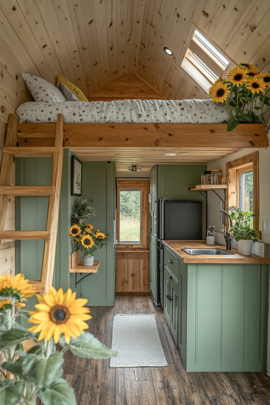 Tiny House Camper. Sage green exterior with potted sunflowers, warm wooden interior with a loft bed.