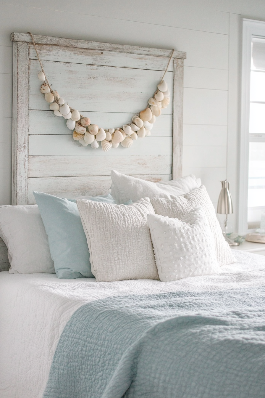 Coastal bedroom. Whitewashed wooden headboard with DIY seashell garland.