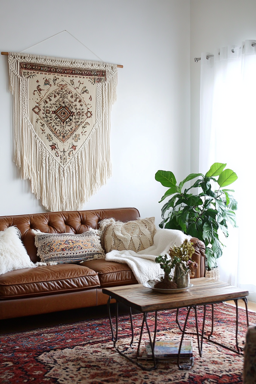 Boho living room. Macramé wall hanging with vintage rug.