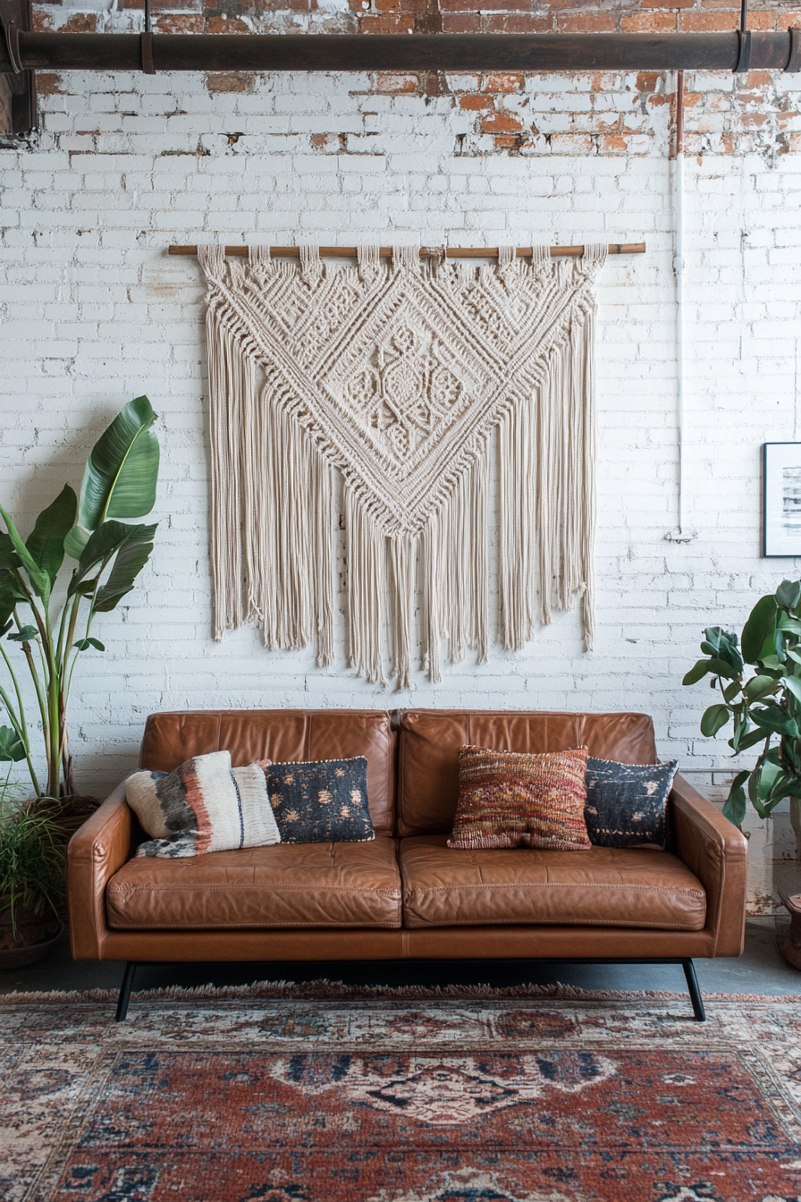 Living room inspiration. Macrame wall hanging on exposed brick wall.