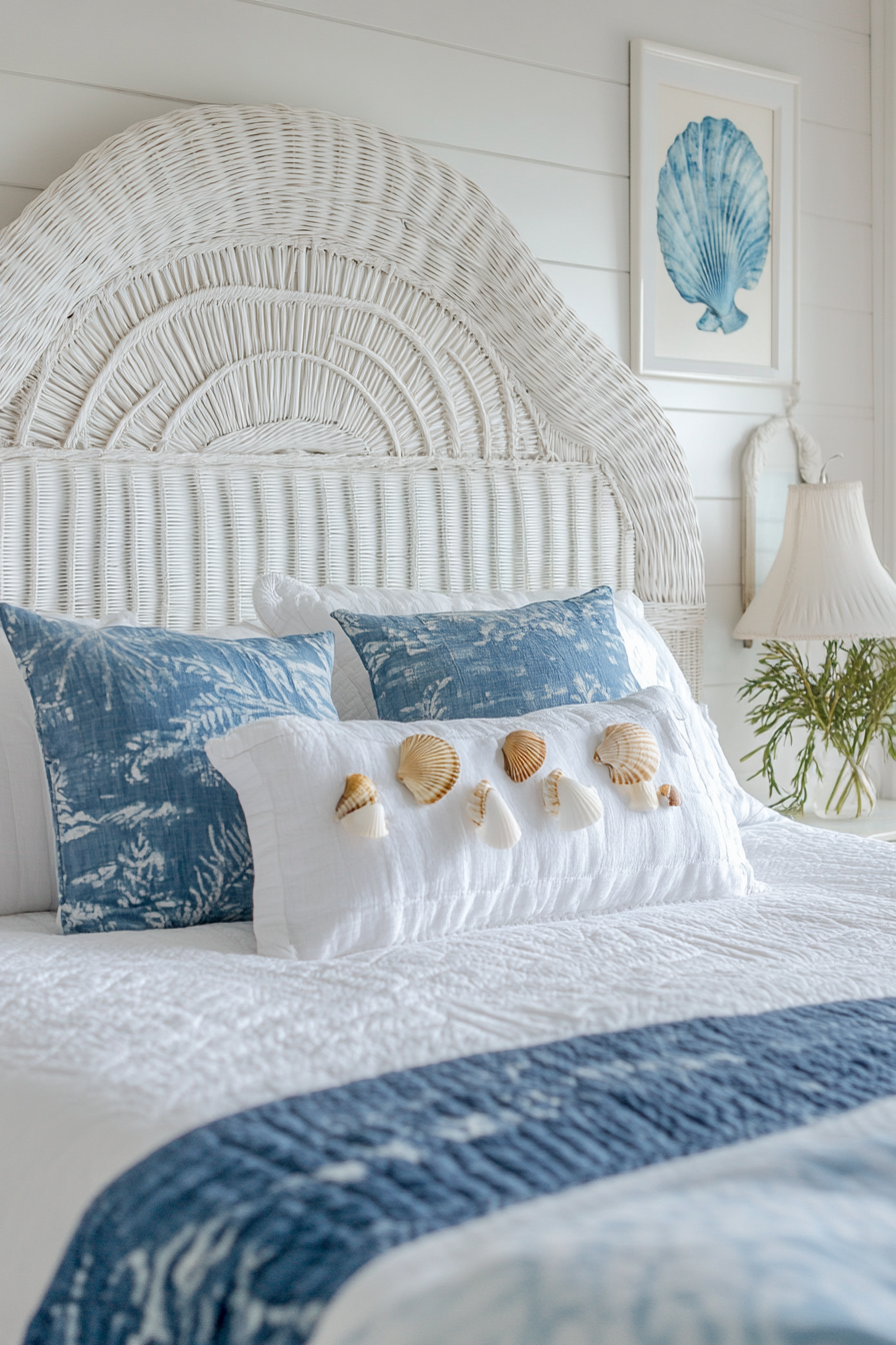 Coastal bedroom. White wicker headboard with DIY seashell wind chime.