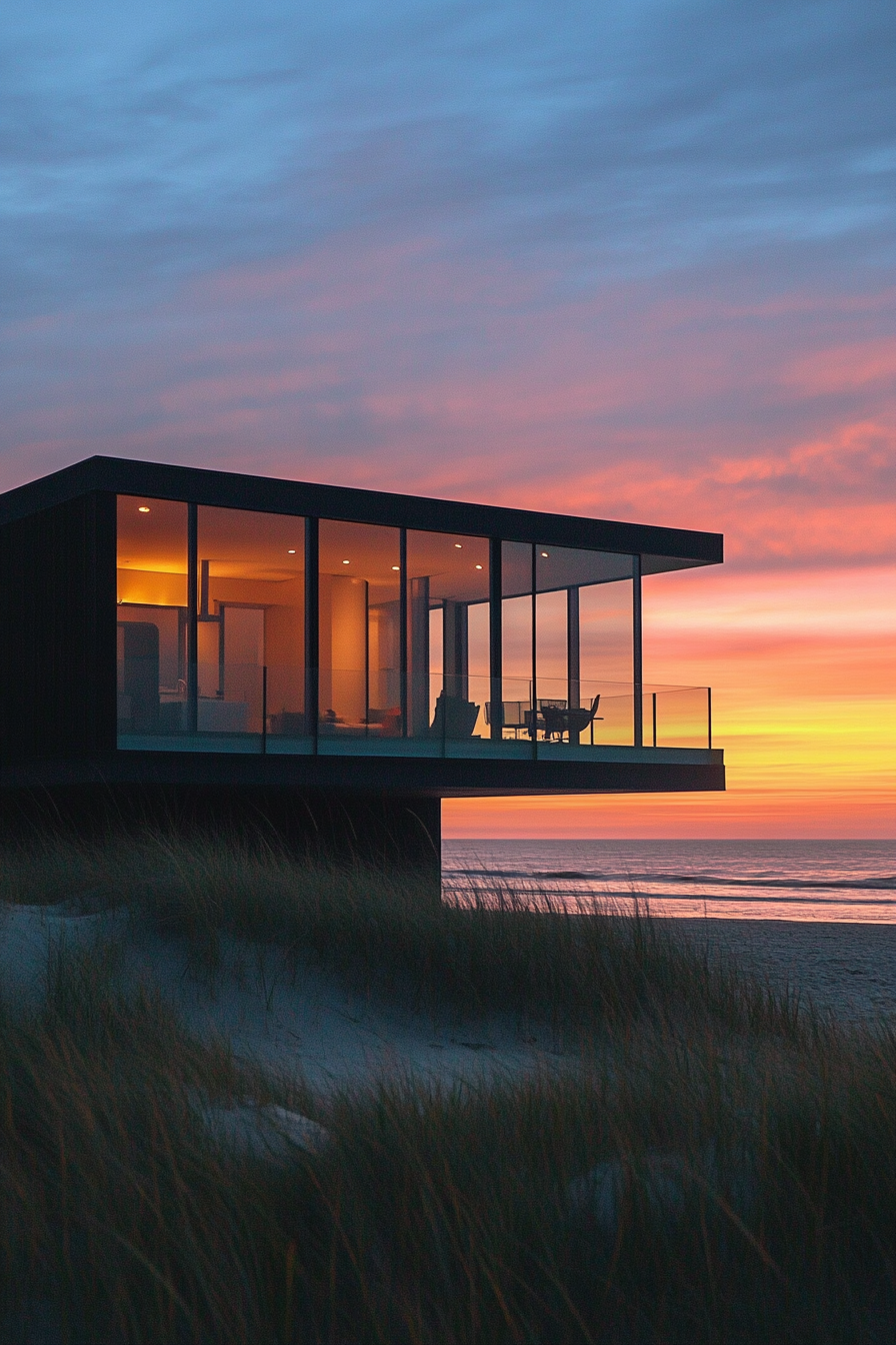 Compact beach house. Stilted, glass-front property with sunset ocean panorama.