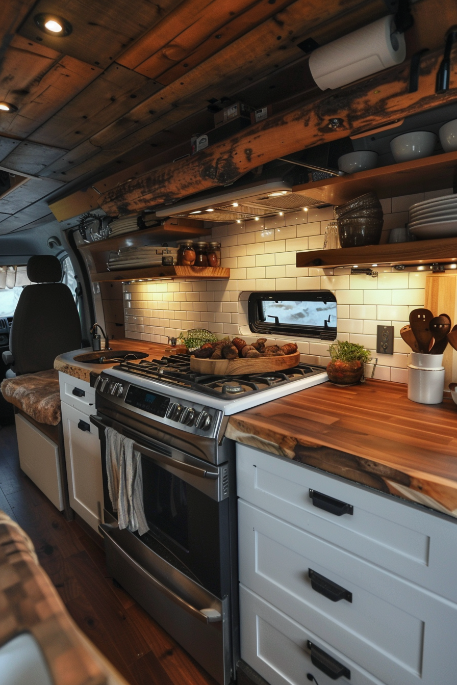 Rustic camper van kitchen. Teak wood countertops with cast iron stove.