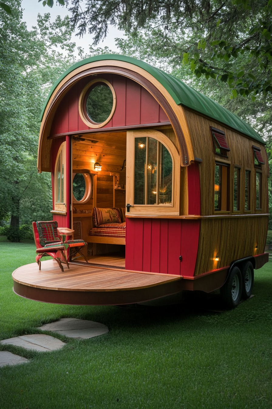 Tiny House Camper. Red exterior with green yard, wood furnished interior.