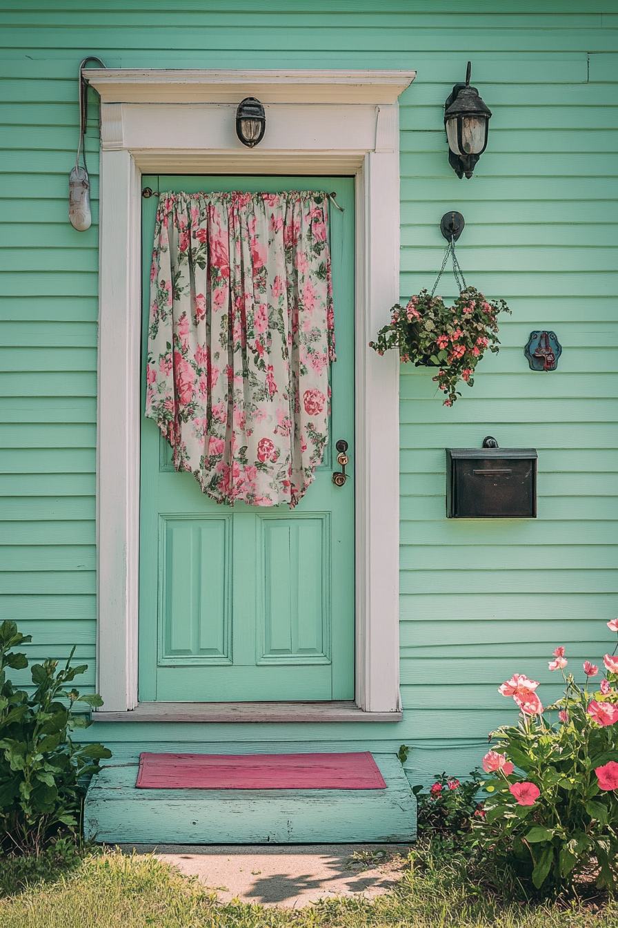 after newly refurbished mint-green exterior with floral curtains.