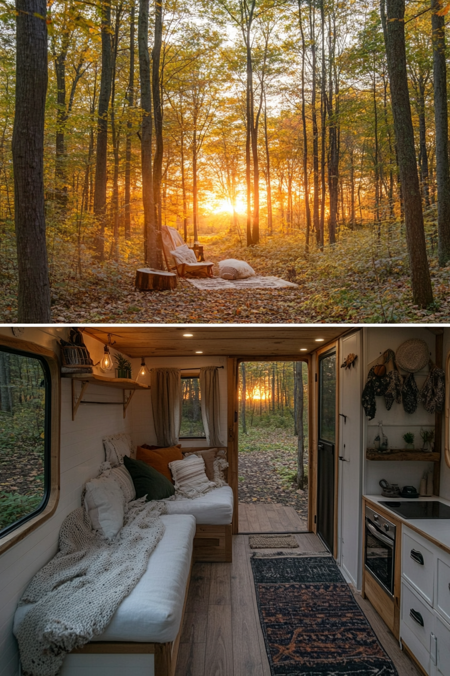 Split image. Cozy tiny house camper interior and sunset-dappled woodland exterior.