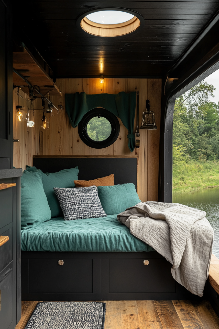 Split image. Tiny house camper interior with aqua touches, exterior in matte black finish.