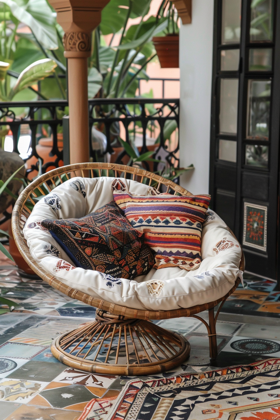 Chic Boho Patio. Papasan chair with eclectic throw pillows, rattan rug on patina floor tiles.