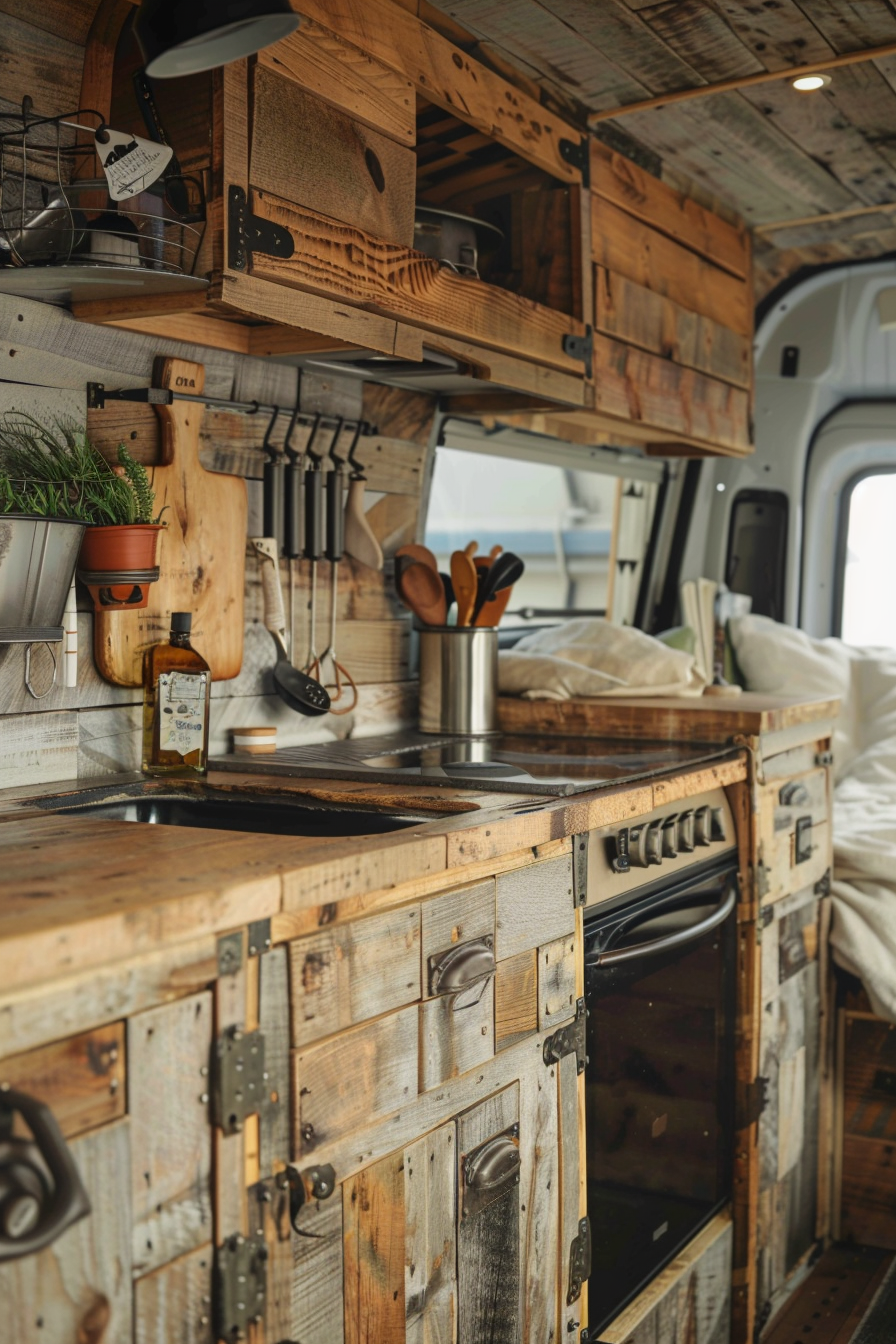 Rustic camper van kitchen. Reclaimed wood cabinets with brushed nickel handles.