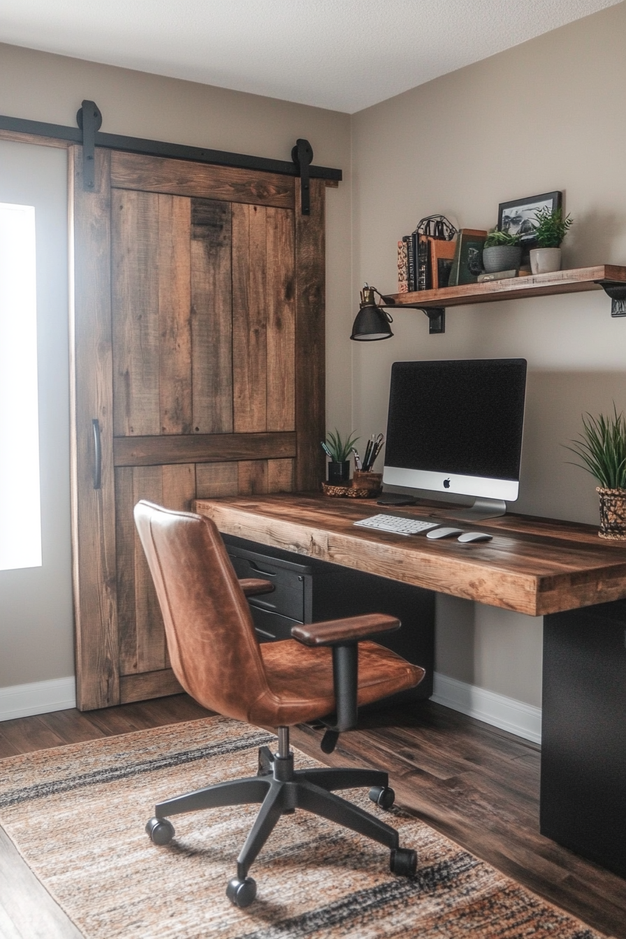 Remote work setup. Rolling barn door desk with grain wood desk chair.