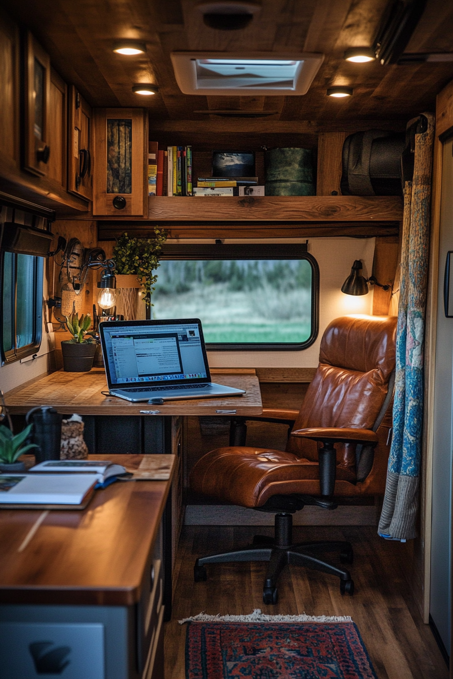 Mobile office in RV. Oak table, leather chair, laptop, ambient reading lights.