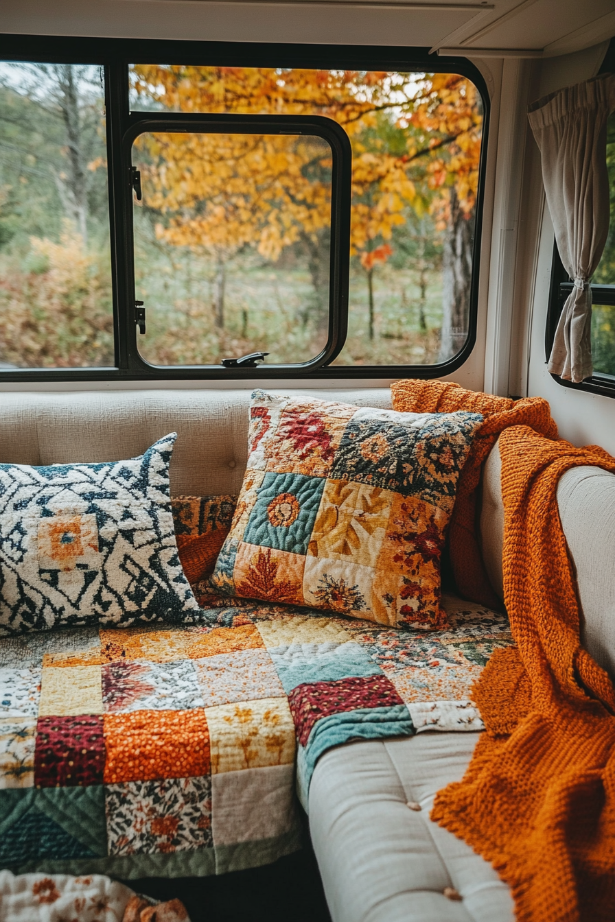 Cozy Fall RV Interior. Patchwork quilt in autumn colors on sofa.