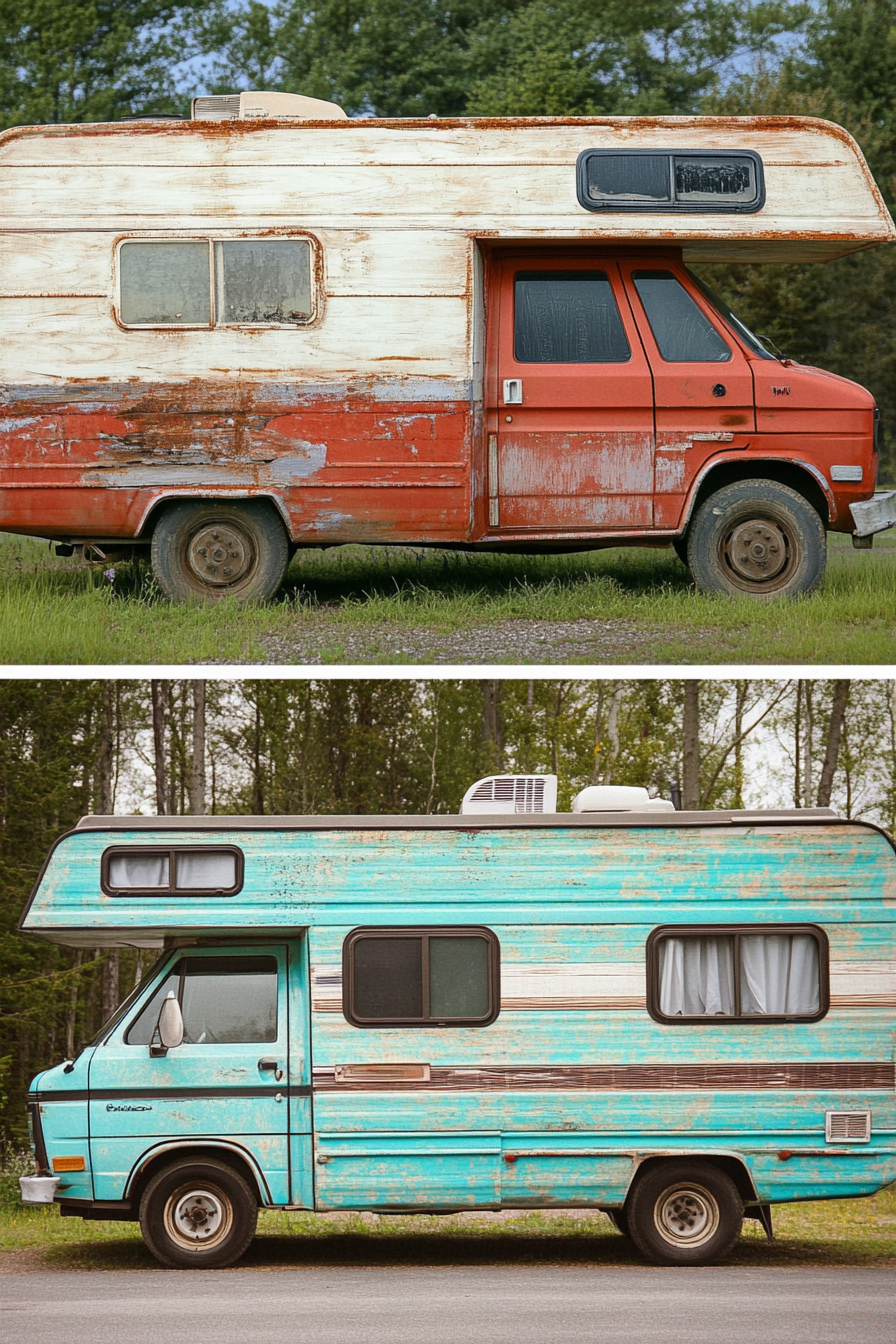 Before and after scene. Rustic red camper upgraded to modern aquamarine motorhome.