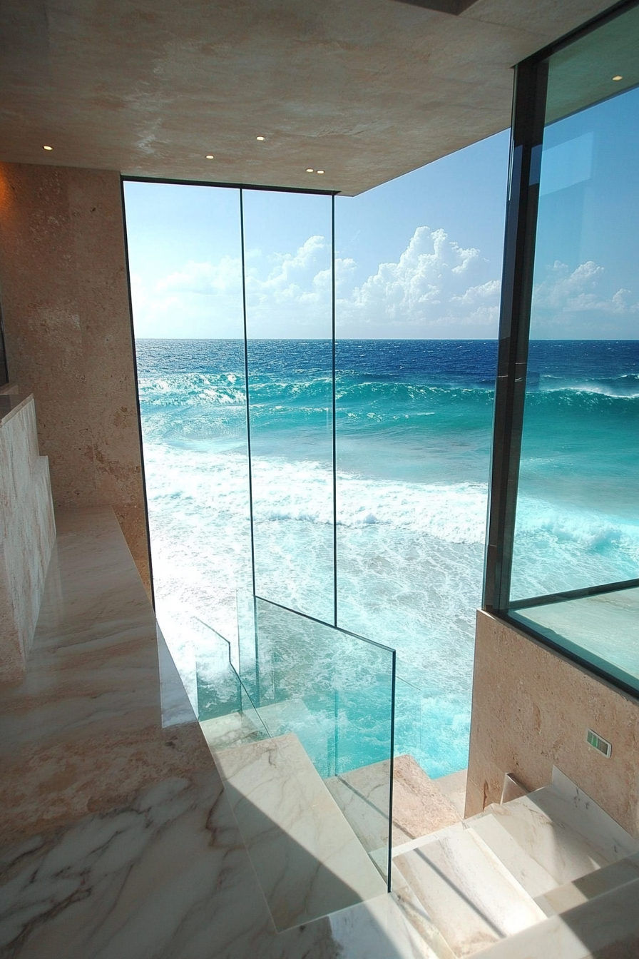 Compact beach house. Floor-to-ceiling glass walls facing turquoise ocean waves.