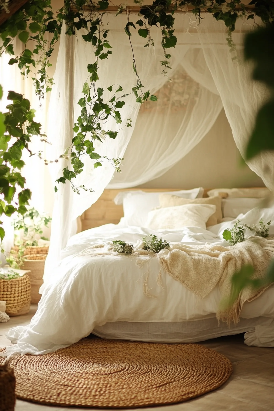 Earthy Boho Bedroom. White canopy over the bed, round woven rug, green hanging vines.