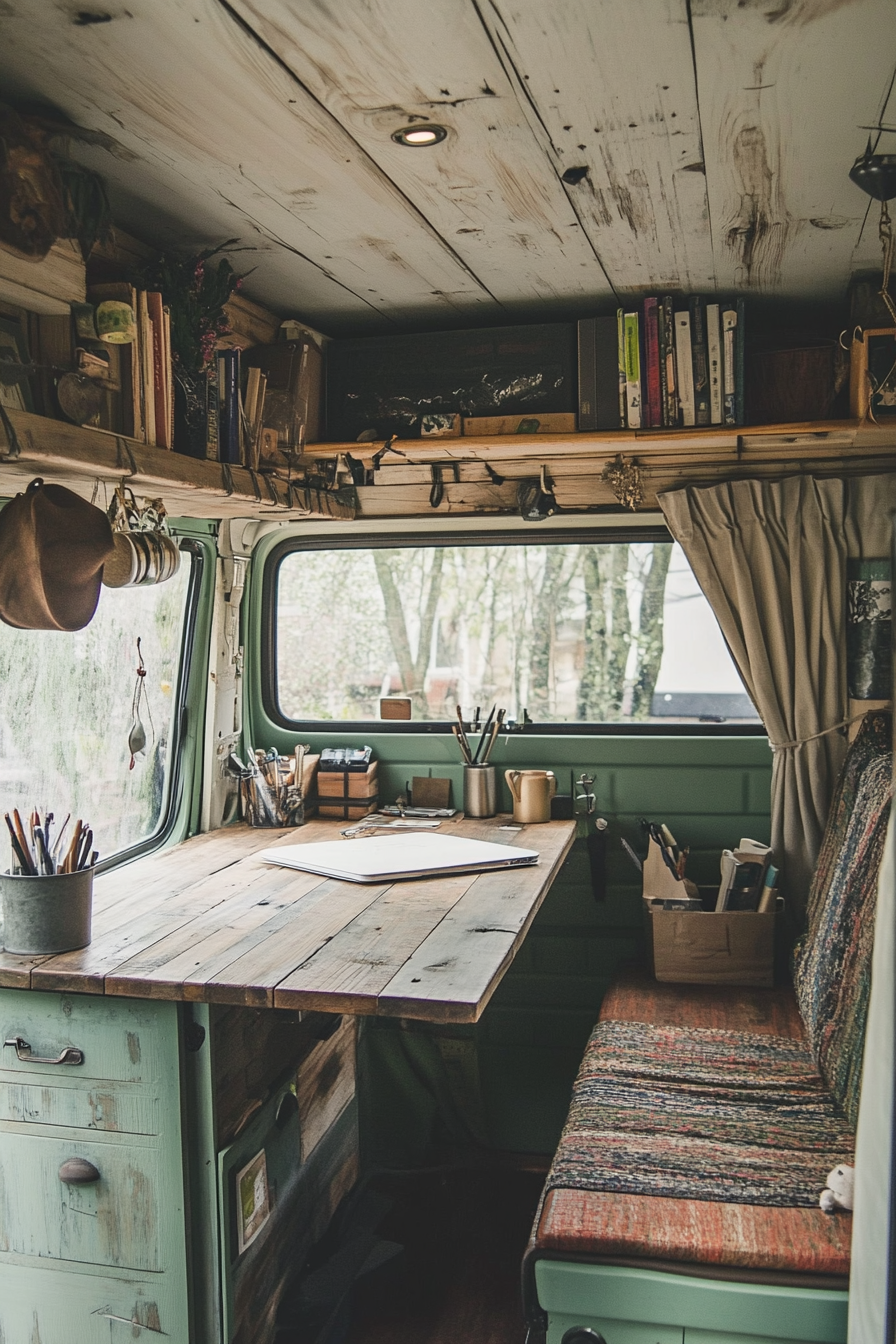 Converted van. Rustic cooperate workspace in a vintage Volkswagen.