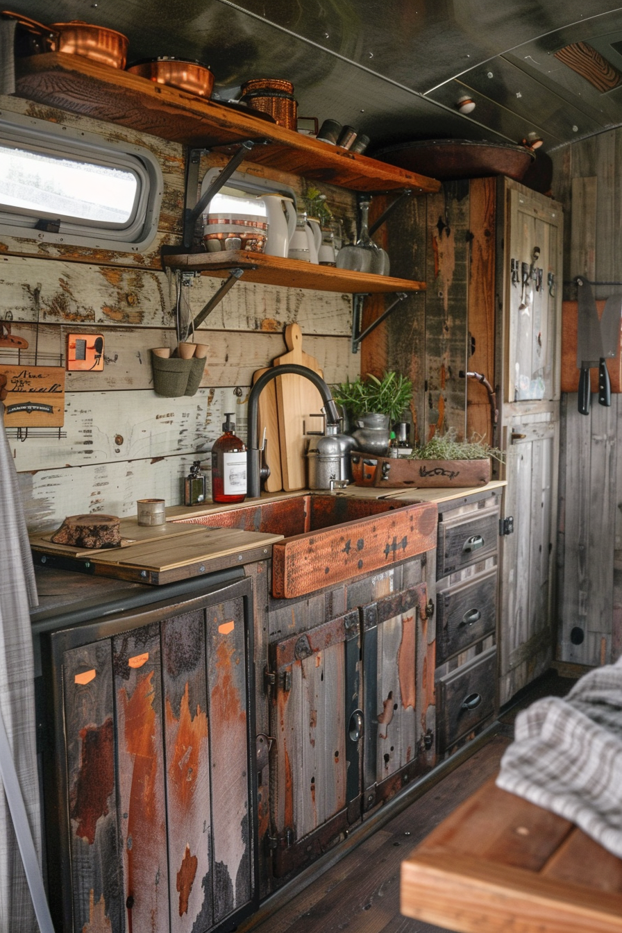 Rustic camper van kitchen. Weathered oak cabinets with copper trim.