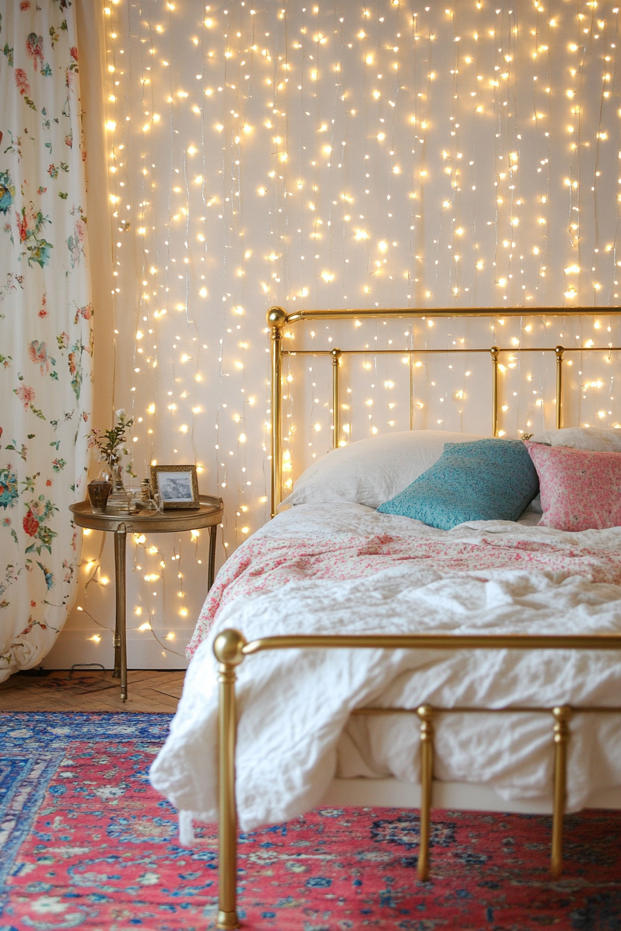 Whimsical boho bedroom. Brass bed frame and cascading fairy lights.