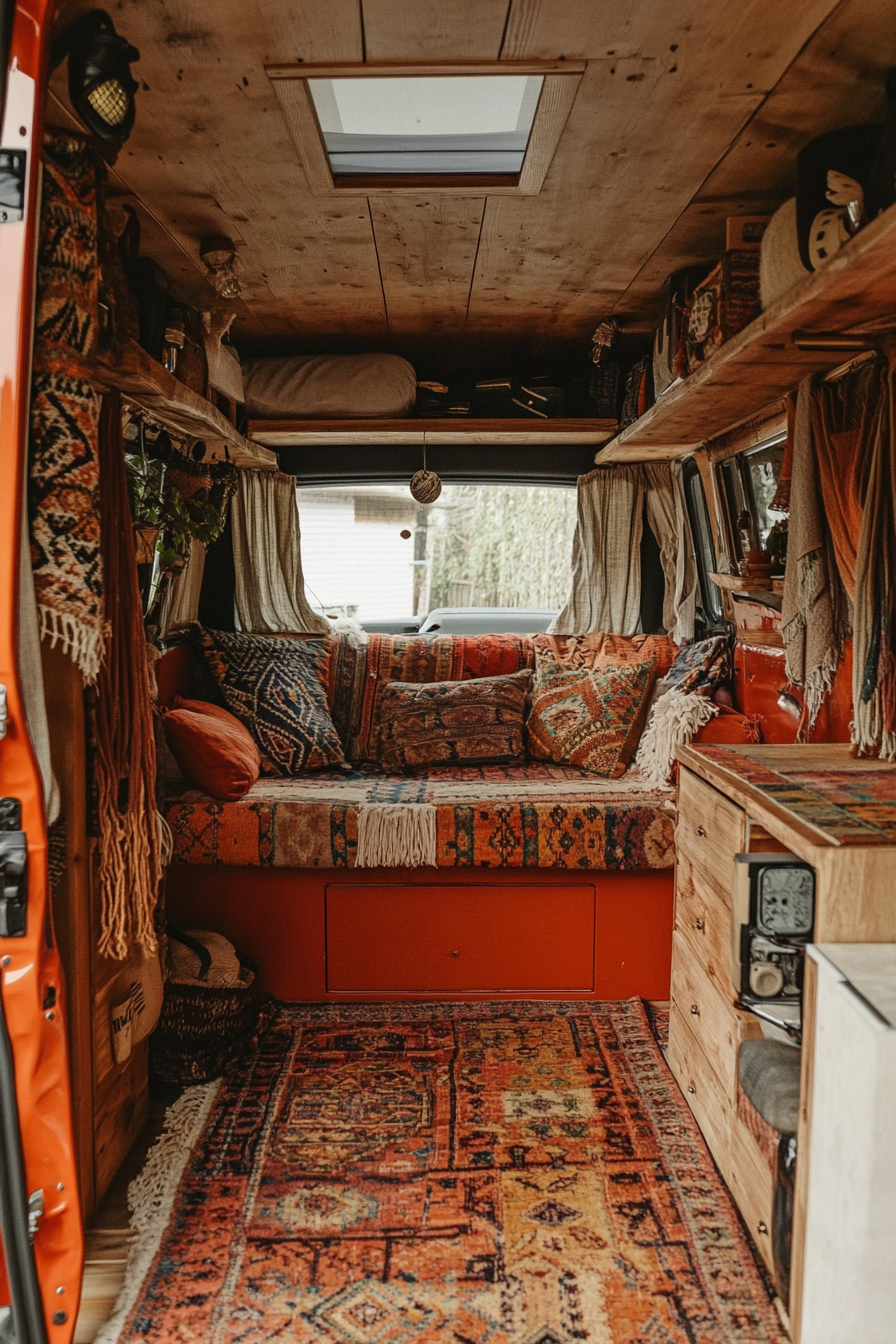 Boho-Luxe camper van. Rust red exterior with earth-toned, kilim-patterned interior.