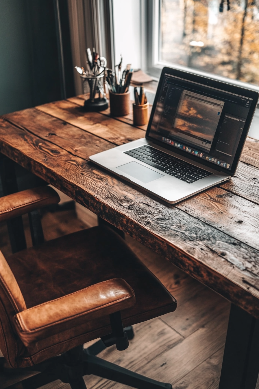 Remote work setup. Rustic wooden desk with modern laptop and leather desk chair.