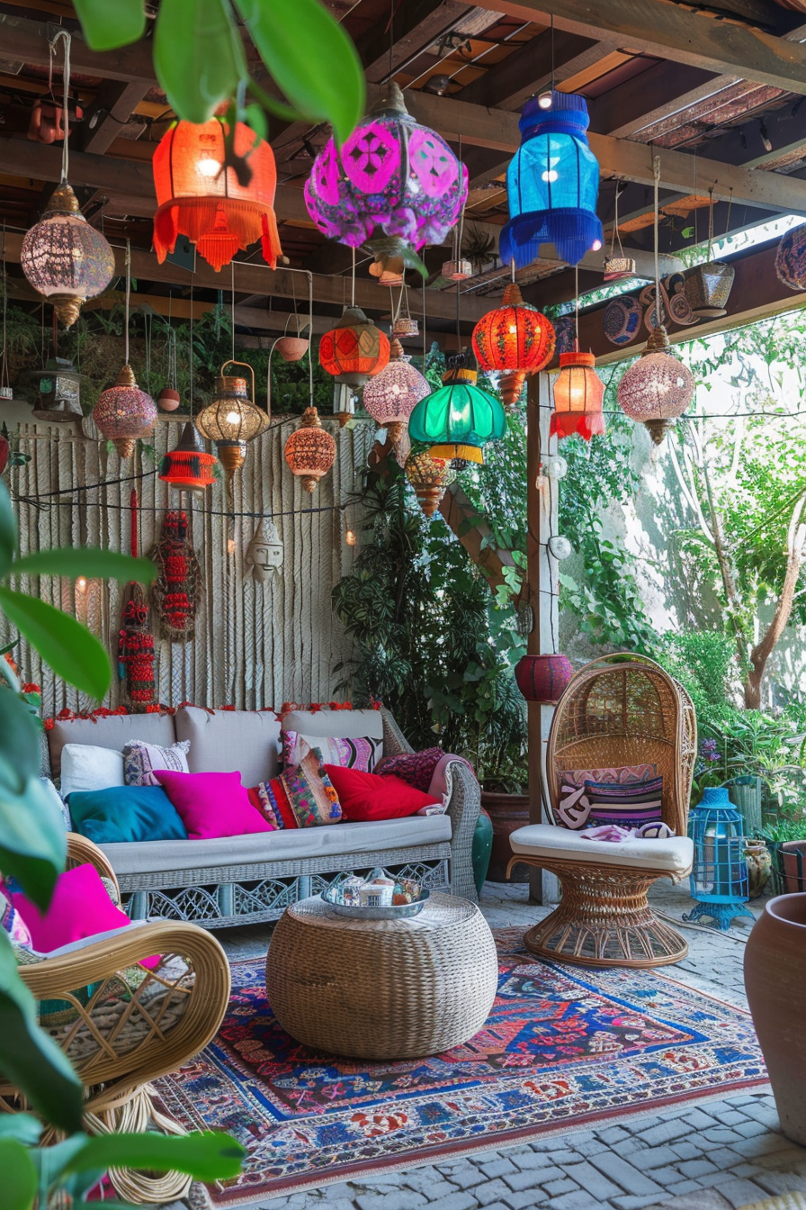 Wide view. Chic boho patio adorned with colorful hanging lanterns and knitted rattan furniture.