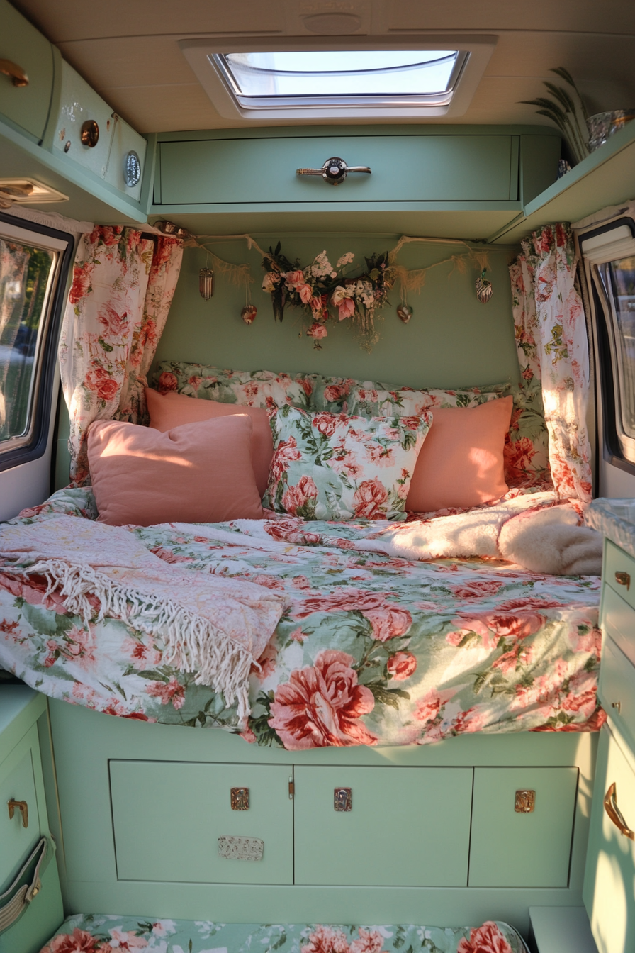 Boho-Luxe Camper Van. Mint green exterior with floral interior upholstery.