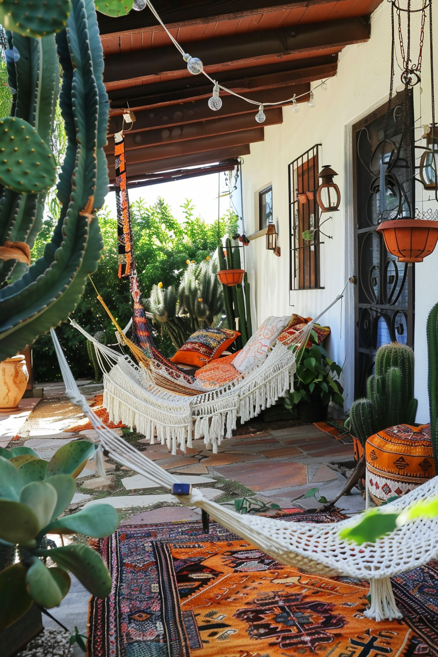 Chic Boho Patio. Macrame hammocks, lanterns, vibrant tribal rug, and cacti.