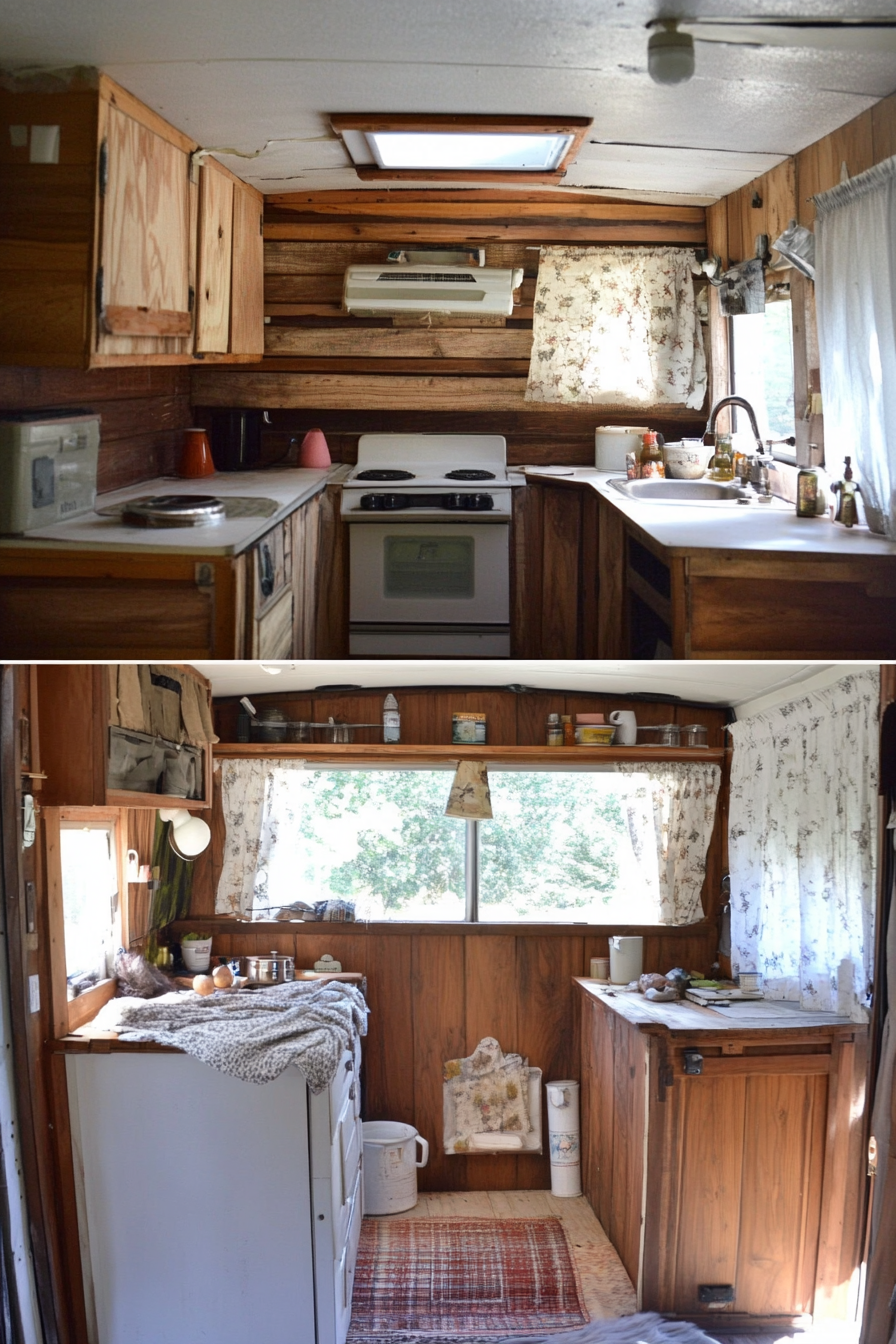 Before and after scene. Shabby 1970s camper turned into cozy wooden cabin on wheels.