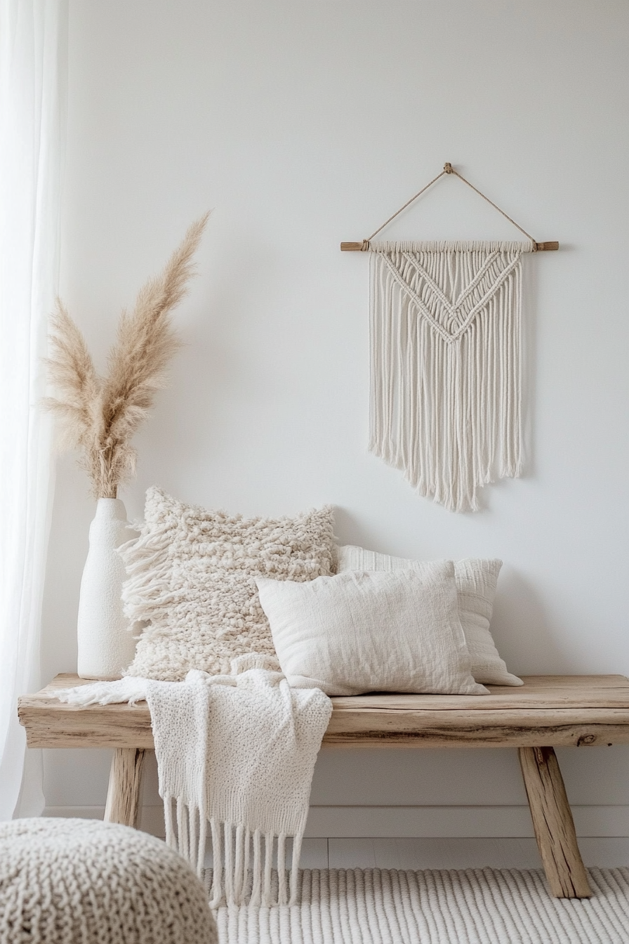 DIY wall decor idea. Minimalistic macrame wall hanging in pastel shades.