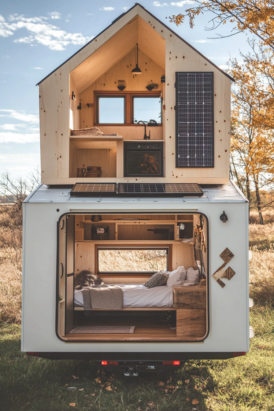 Tiny house camper. White exterior with solar panels, wood-finished compact interior.