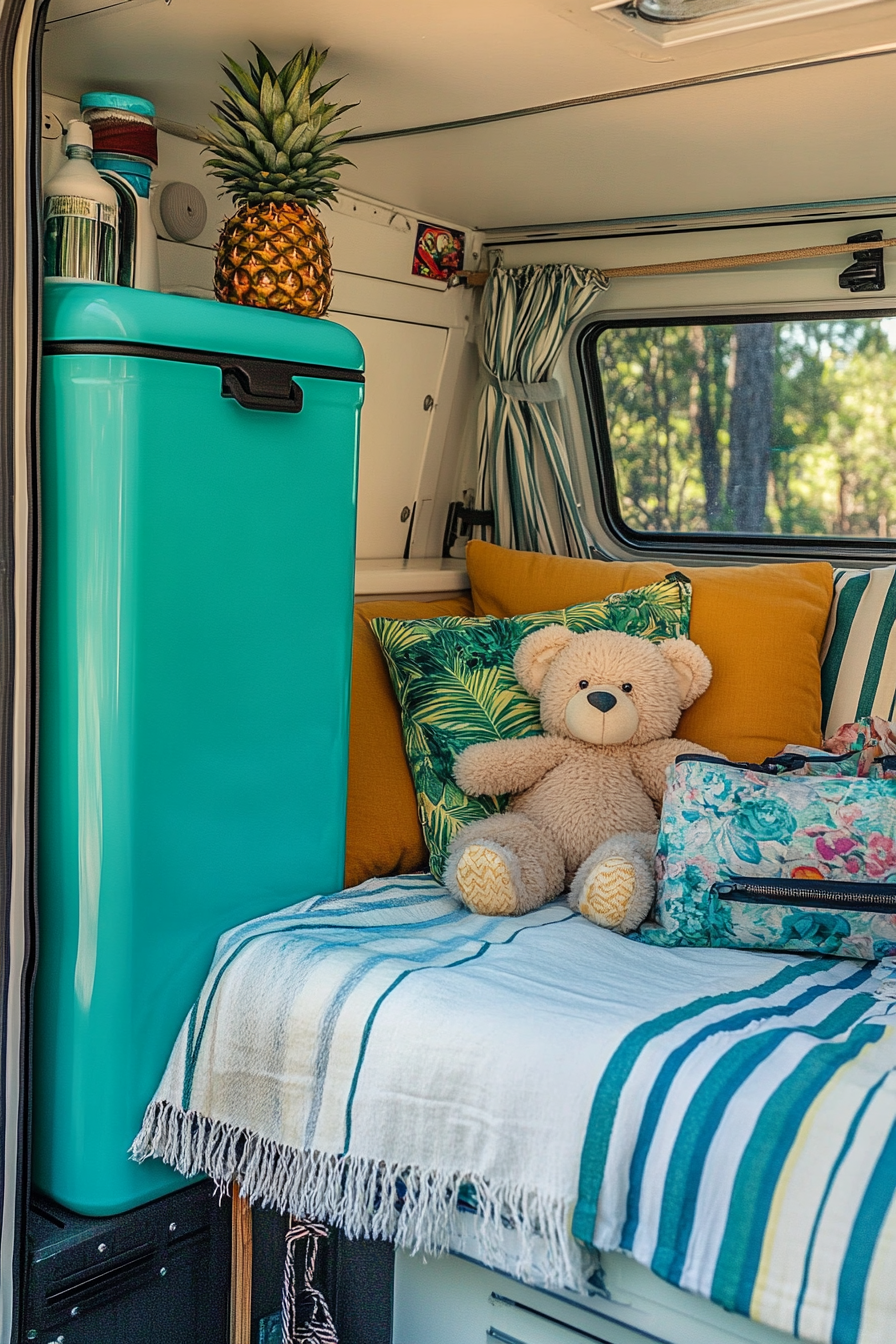 Camper van interior. Turquoise cooler, striped sunbrella with teddy, pineapple throw pillow.