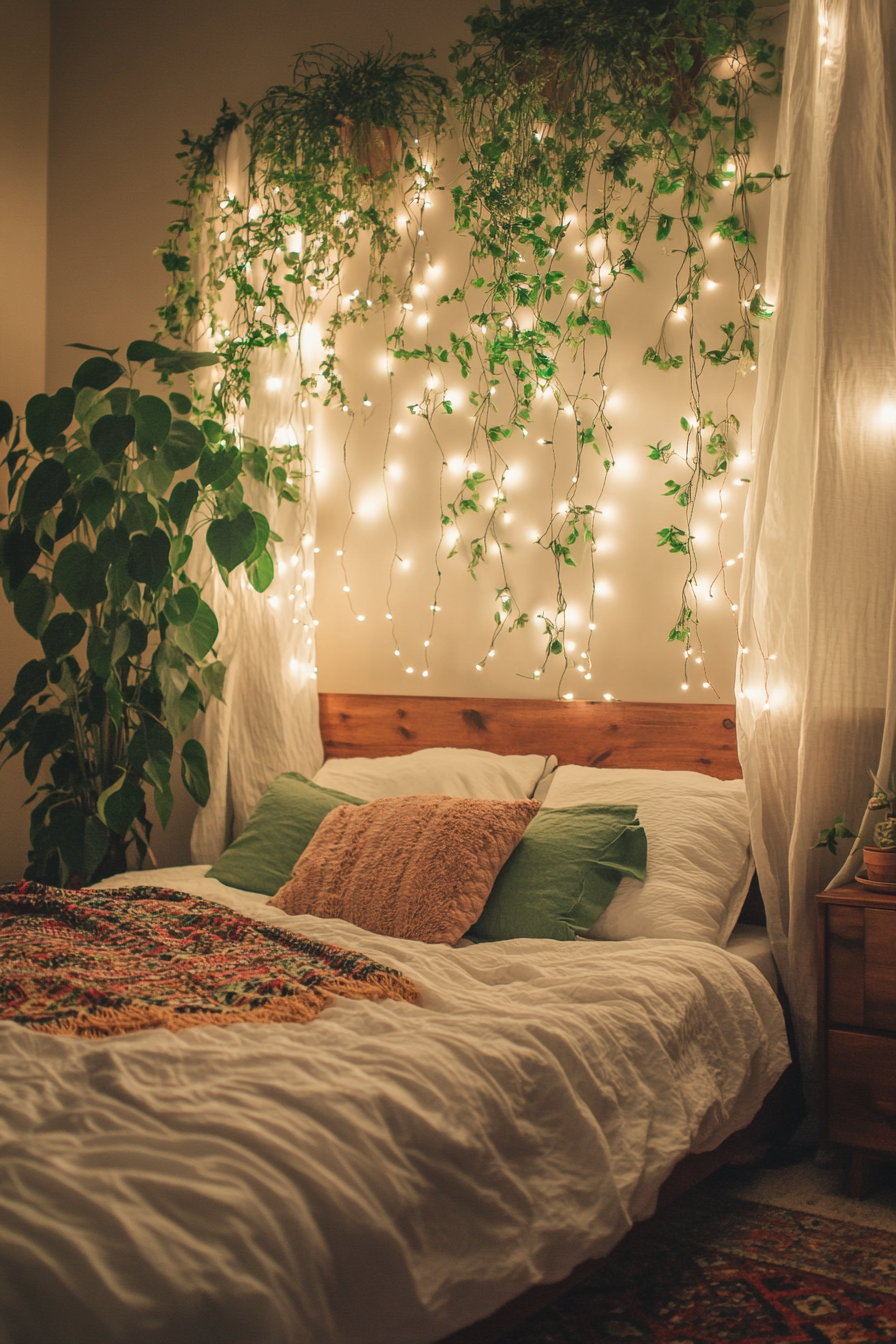 Boho bedroom. Wall draperies, hanging plants, fairy lights.