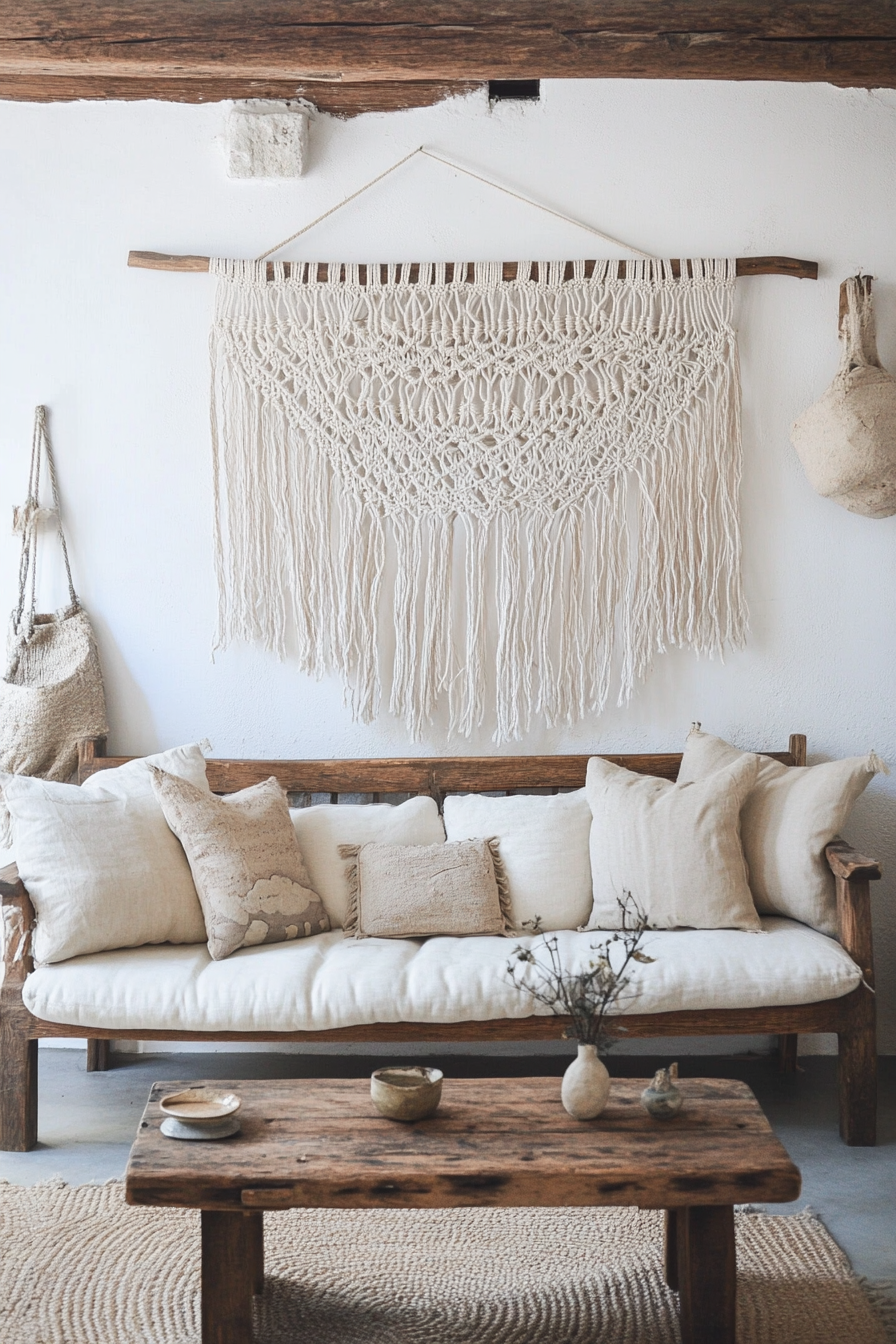 Boho living room. Macramé wall hanging and rustic wooden furnishings.